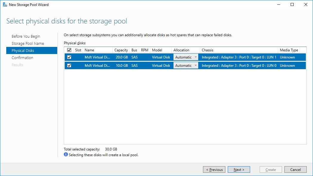 Add the physical disks to the Storage Pool