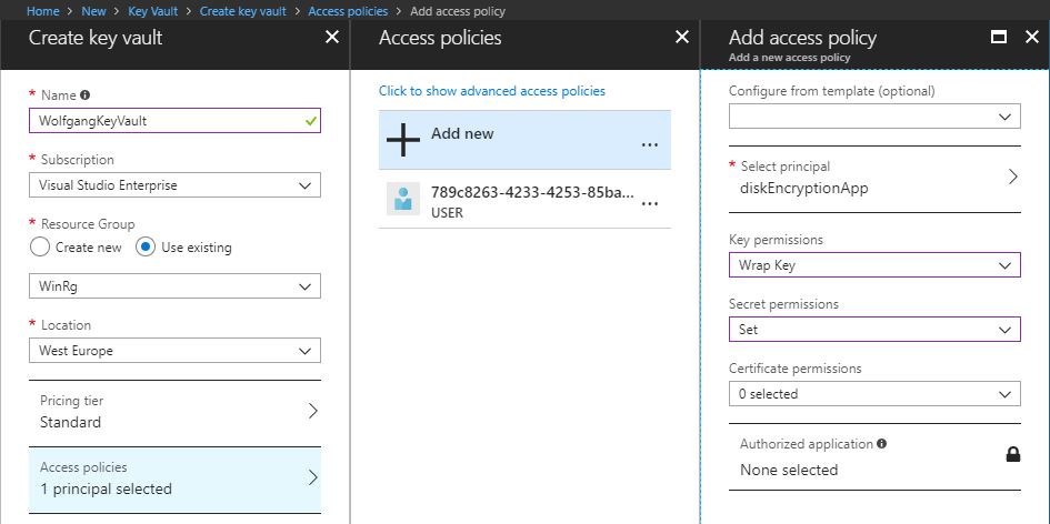 Create a new key vault with the previously created application registration
