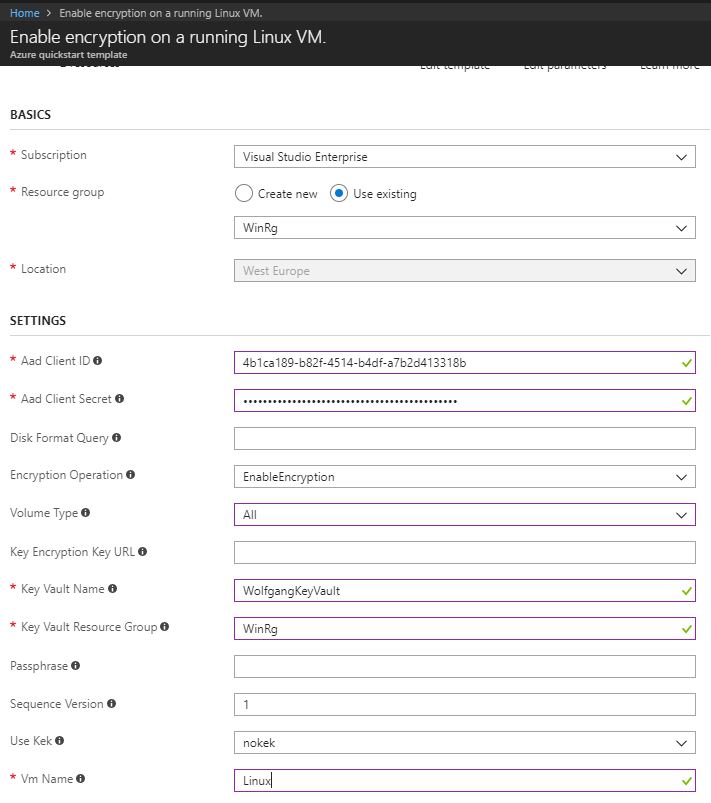Create encryption on a running Linux VM with the template