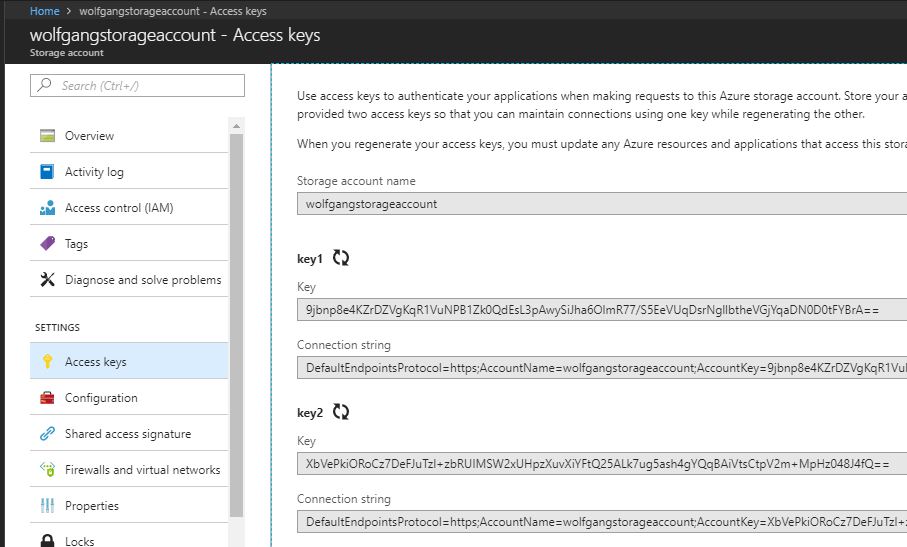 Keys for the storage account