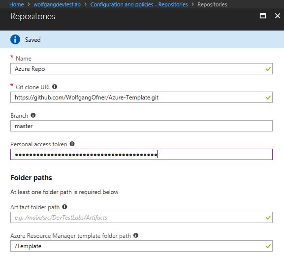 Add a repository with templates to your Azure DevTest Labs