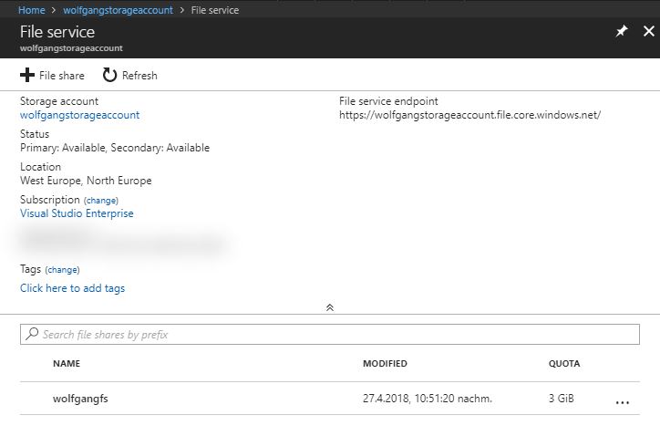 Create a file share in the storage account