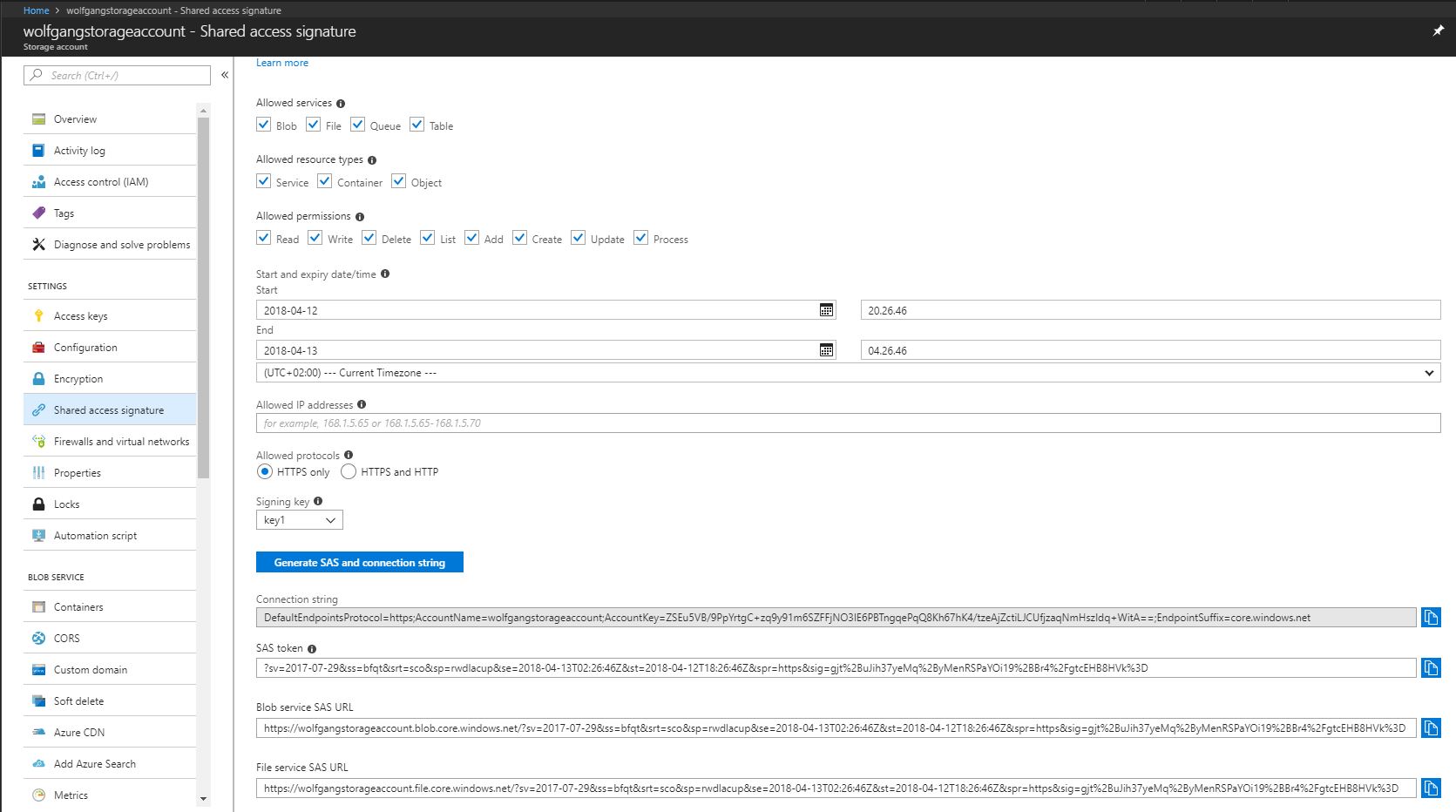 Create an SAS token in the Azure Portal to Monitor storage
