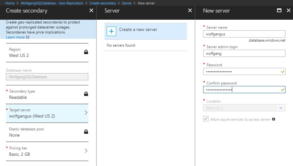 Create an online secondary database