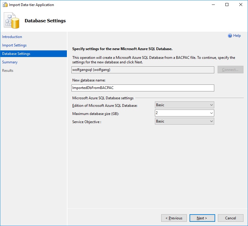 Enter a database name and select the pricing tier
