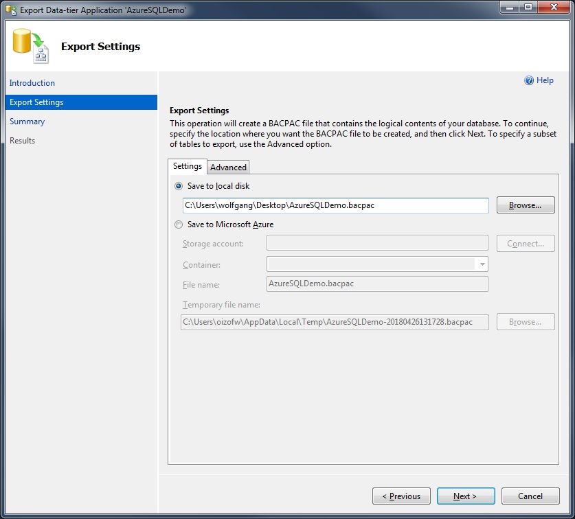 Select a location for the export file