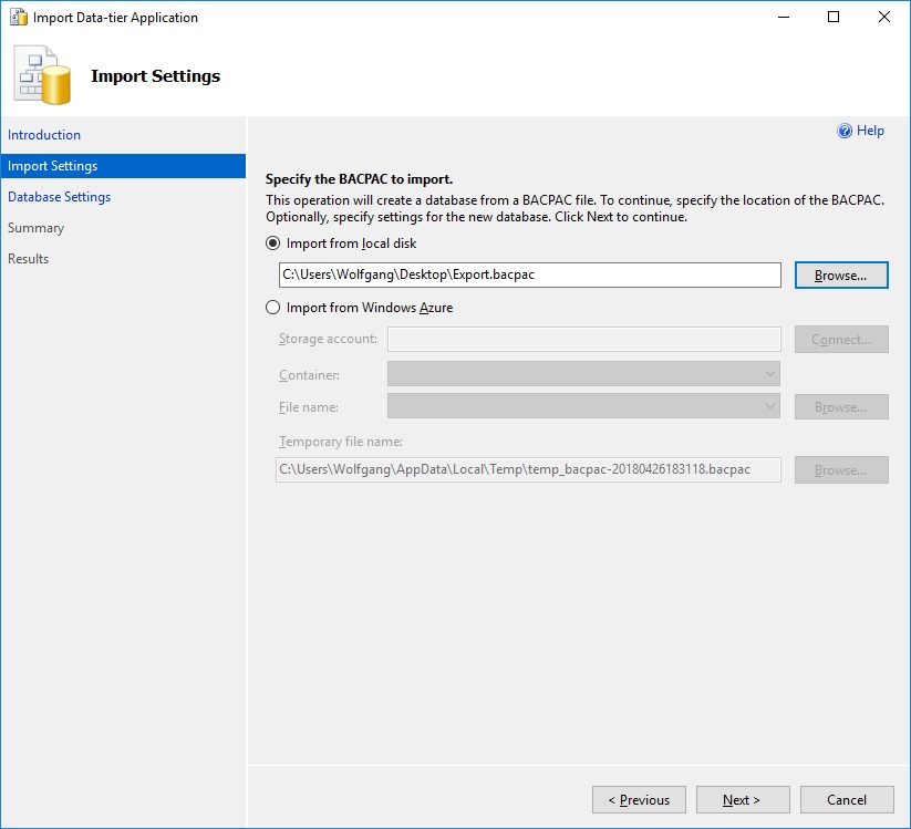 Select your BACPAC file for the import