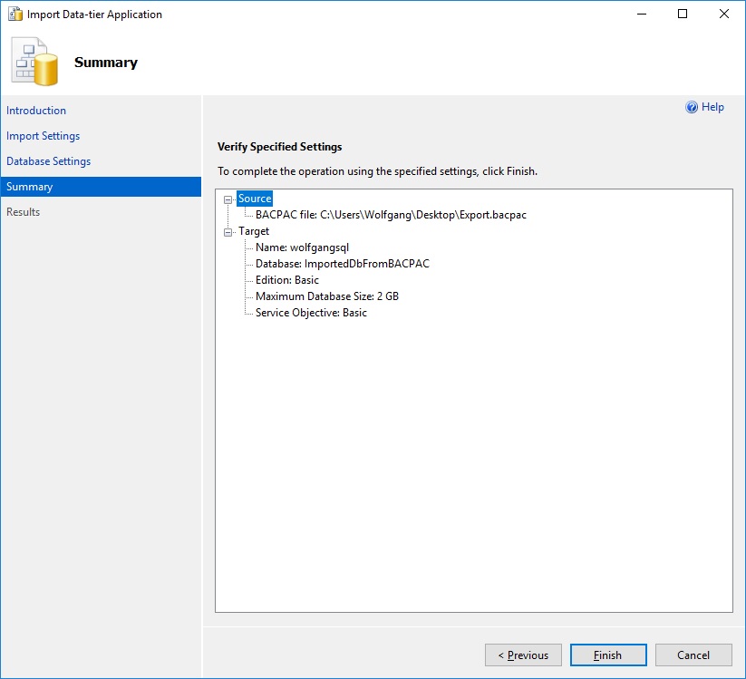 The summary of the import wizard