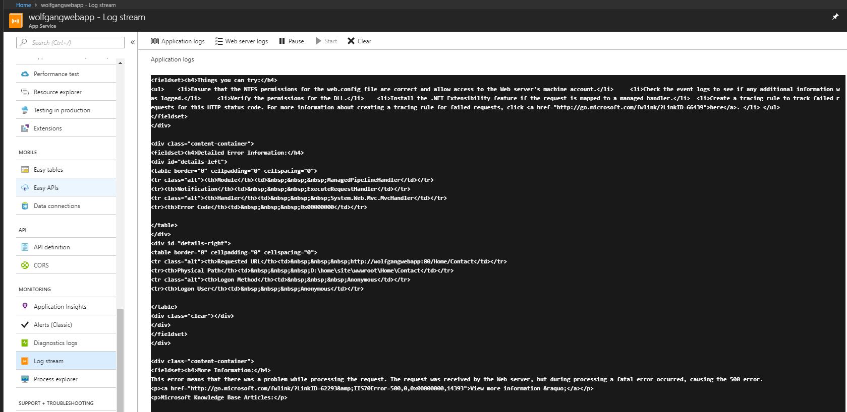 Application log stream