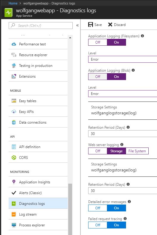 Configure logging for your Web App application