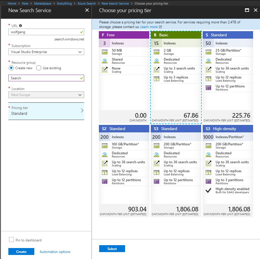 Create a new Azure Search Service