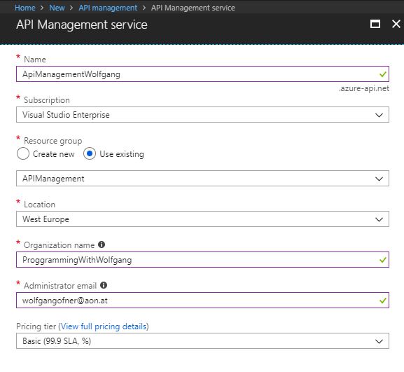 Create an API Management service in the Azure Portal