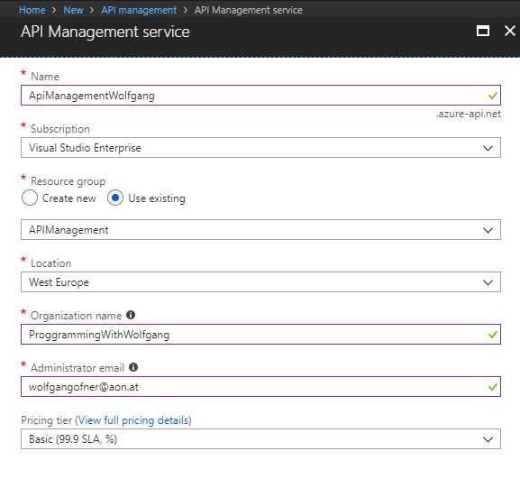 Create an API Management service in the Azure Portal