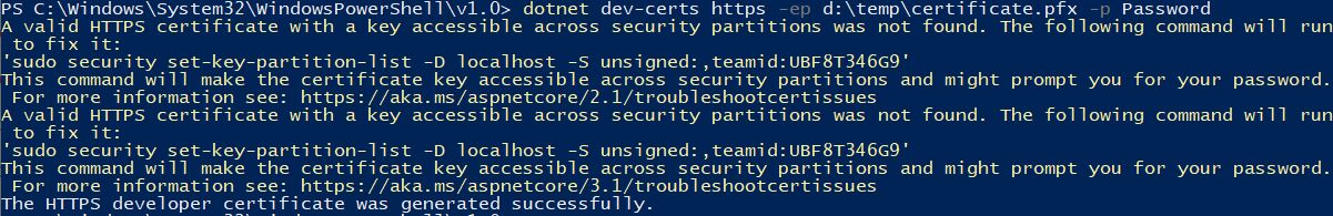 Creating the certificate to use ASP .NET Core with HTTPS in Docker