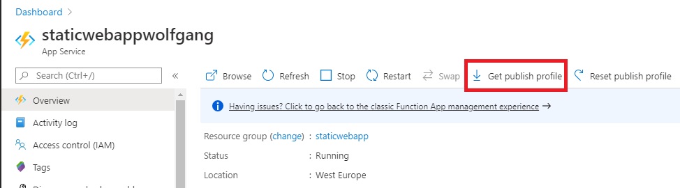 Download the publish profile of the Azure Function