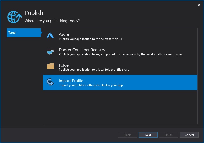 Import the downloaded publish profile