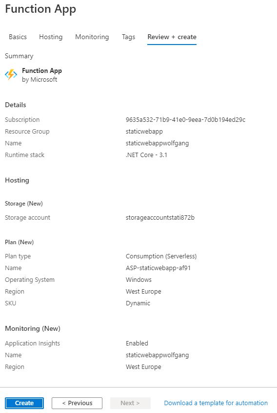 Reviewing the Azure Function before creating it