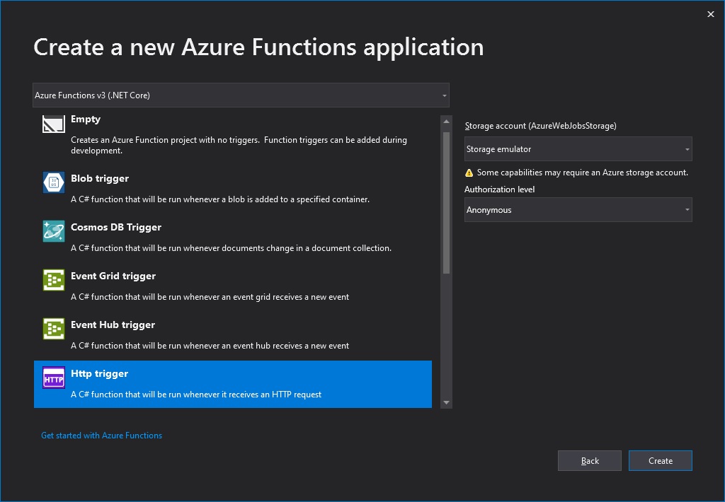 Select Http trigger and set the Authorization level to Anonymous