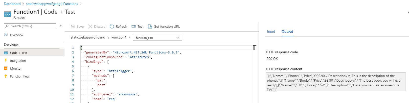 The function returns the JSON with products