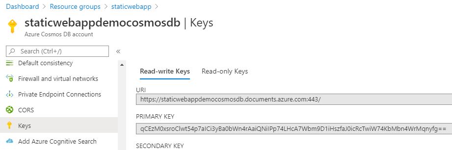 Get the Uri and Primary Key of the Cosmos DB for your Free Website Hosting