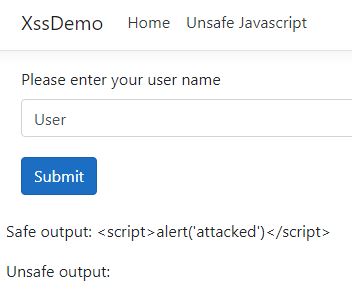 The Javascript is displayed as text in the safe output line, no Cross Site Scripting possible