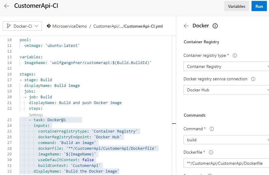 Edit the Docker task in the DevOps CI pipeline