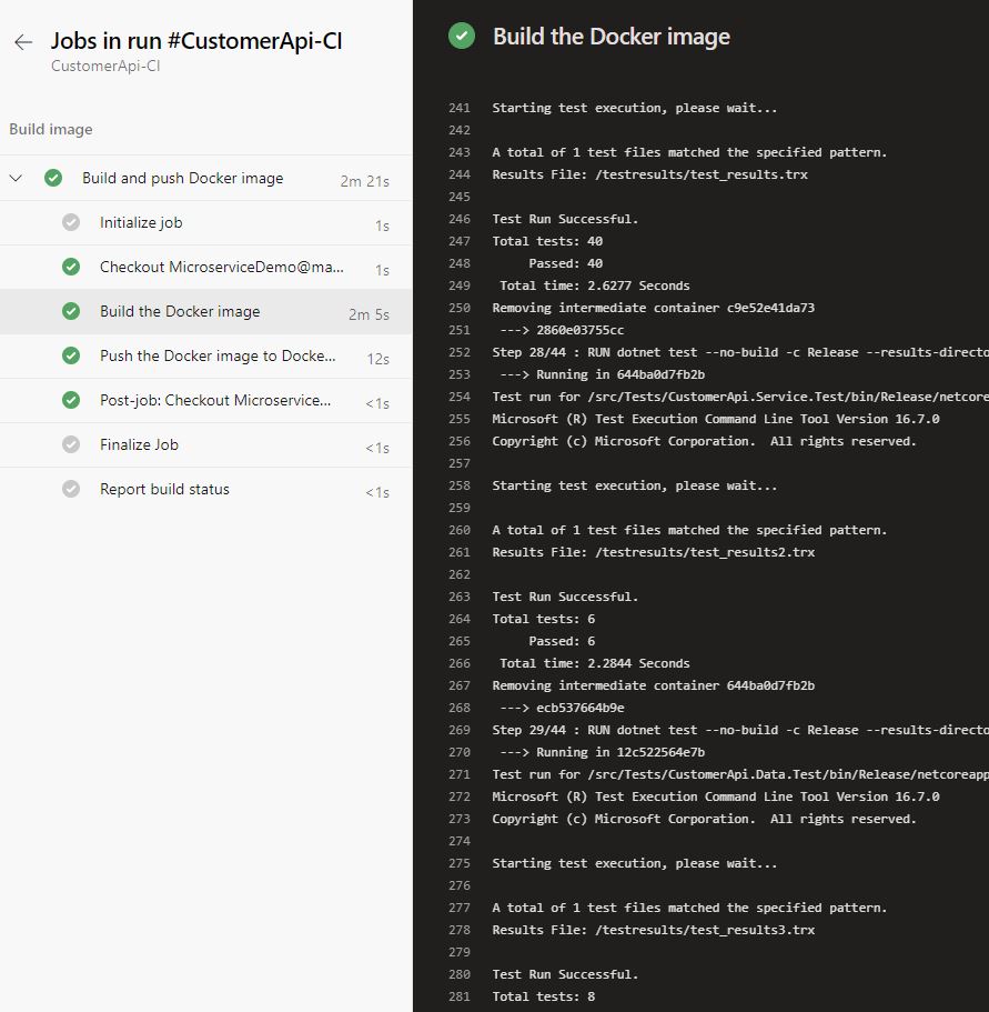 The tests ran inside the Docker container