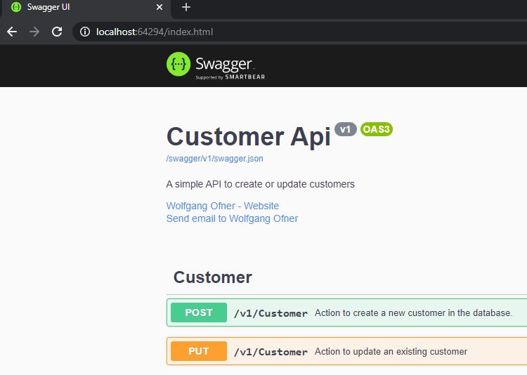 The Customer API Swagger UI