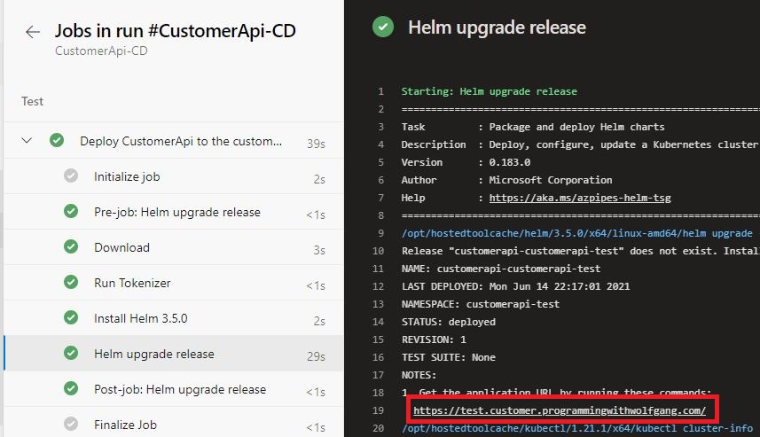 Azure DevOps prints the URL after the deployment