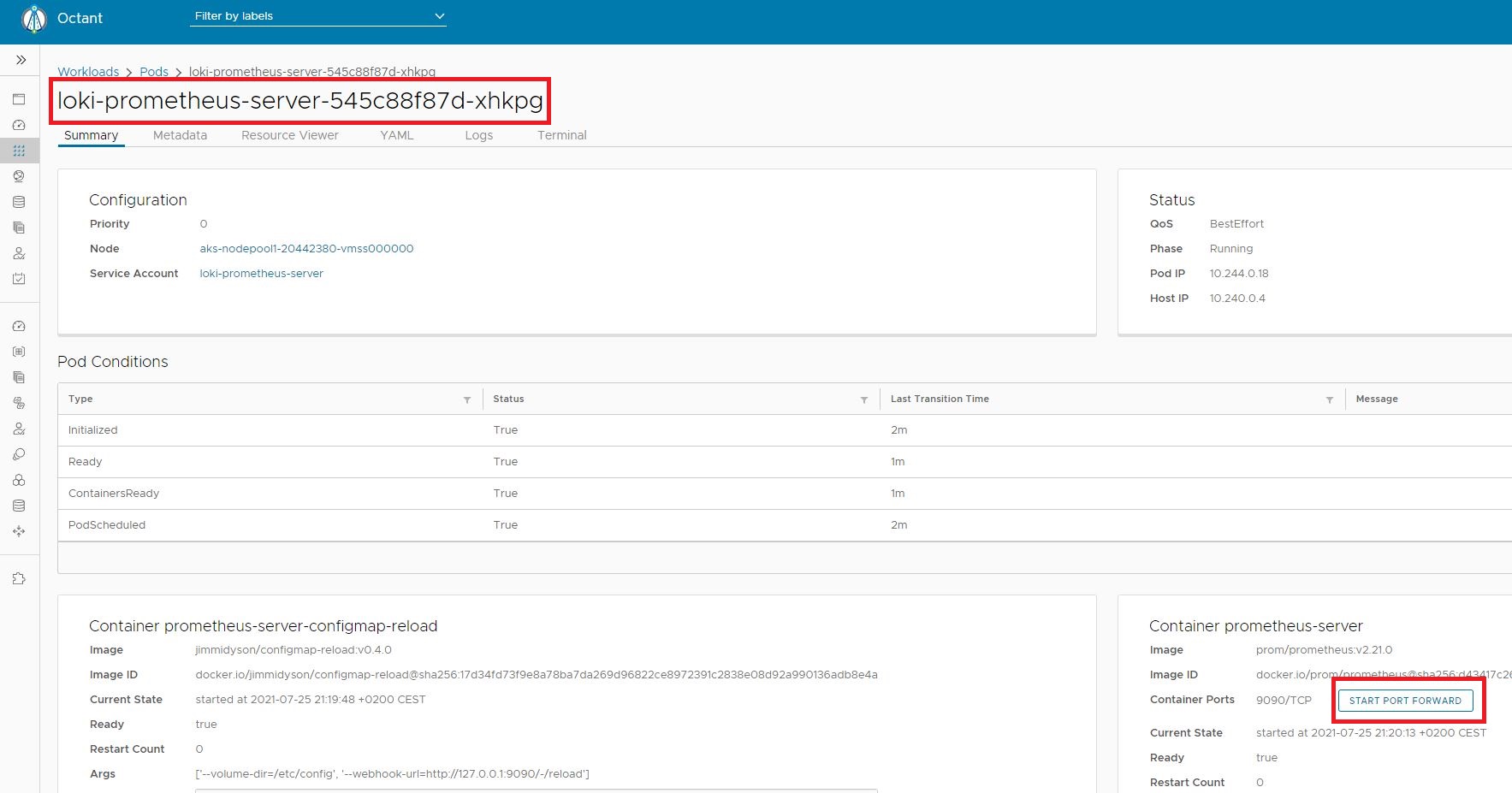 Open the Prometheus Server Pod in the Dashboard