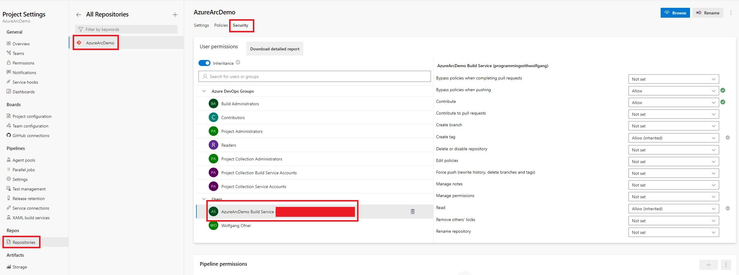 Set the permissions of the Build Service
